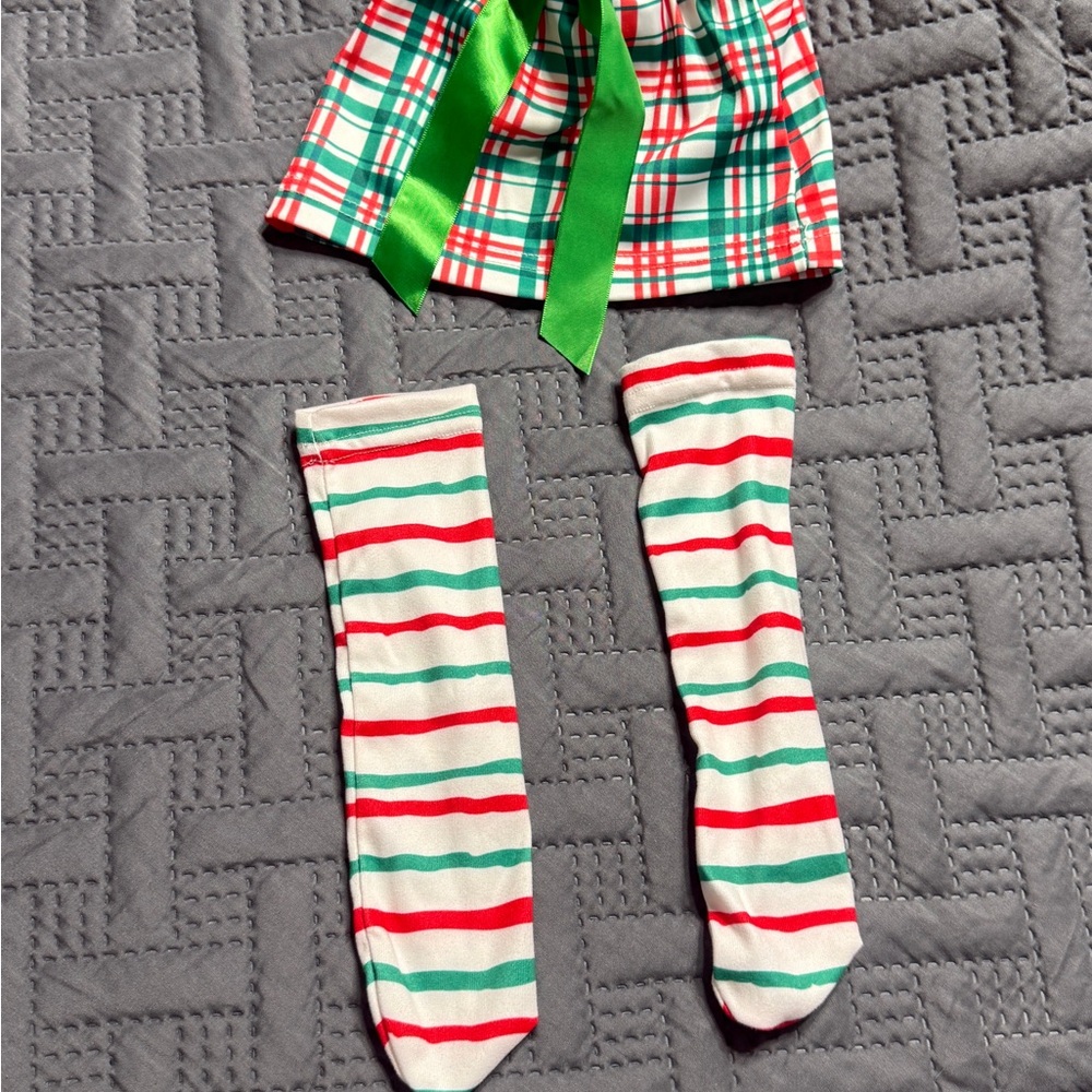 Festive Plaid Dress with Striped Socks